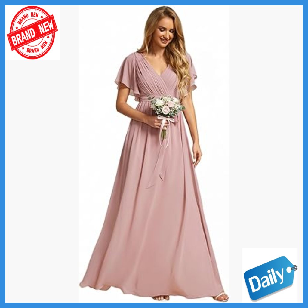 Floor Length Formal Dress V-Neck Ruffle Sleeves Ruched Bust Chiffon